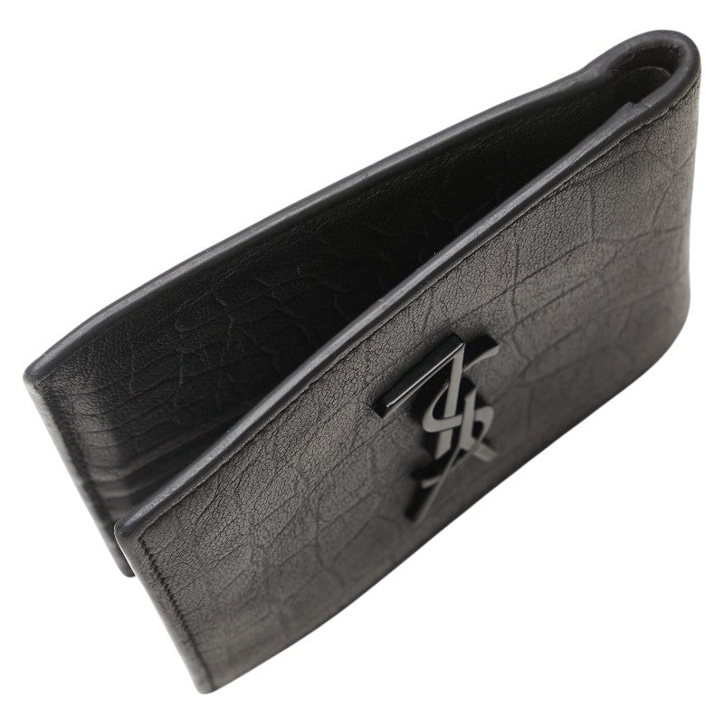 サンローラン YSLロゴ クロコ型押し 二つ折り財布 ブラック レザー レディース SAINT LAURENT 【中古】
