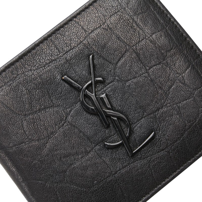 サンローラン YSLロゴ クロコ型押し 二つ折り財布 ブラック レザー レディース SAINT LAURENT 【中古】