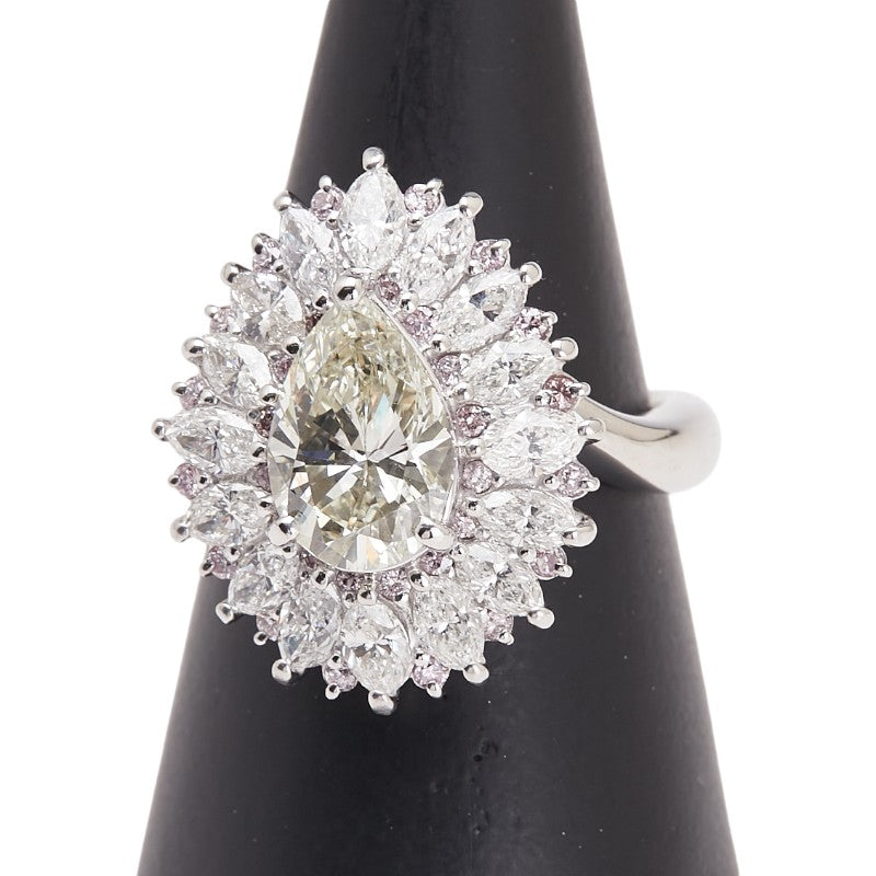 Pt900 プラチナ ダイヤ1.74ct ダイヤ2.06ct ピンクダイヤ0.25ct 雫 モチーフ リング 指輪 レディース 12.5号 【中古】