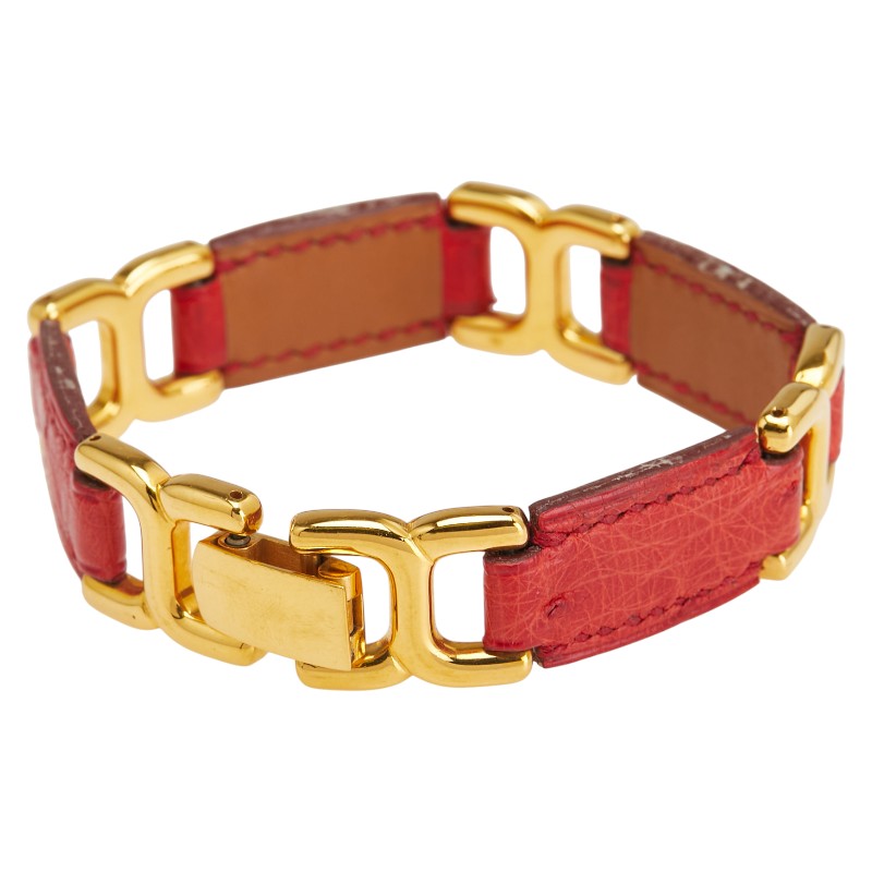 エルメス Hロゴ ブレスレット レッド ゴールド レザー メッキ レディース HERMES 【中古】