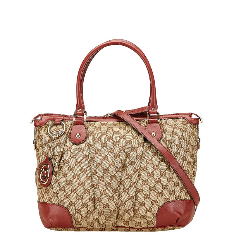 グッチ GGキャンバス ディアマンテ トートバッグ ショルダーバッグ 2WAY 285730 ベージュ レッド キャンバス レザー レディース GUCCI 【中古】