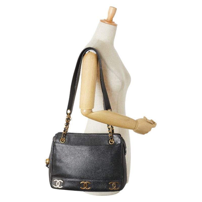 シャネル トリプルココマーク チェーン トートバッグ ブラック キャビアスキン レディース CHANEL 【中古】