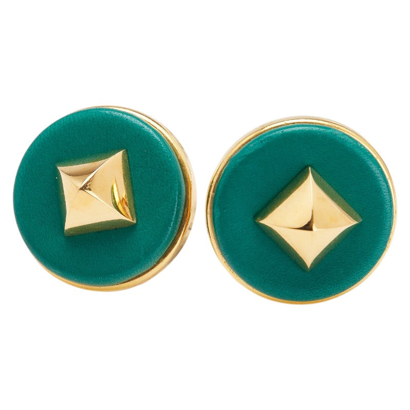 エルメス セリエ メドール イヤリング ゴールド グリーン メッキ レザー レディース HERMES 【中古】