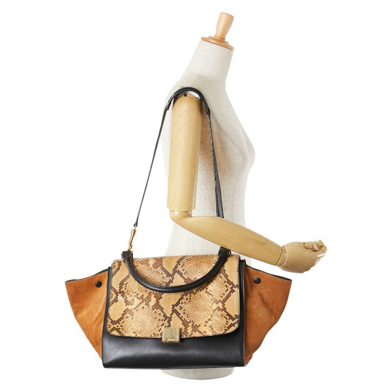 セリーヌ トラペーズ パイソン ショルダーバッグ ハンドバッグ 2WAY ブラック ブラウン レザー レディース CELINE 【中古】
