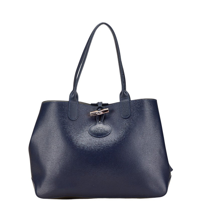 ロンシャン ロゾ リバーシブル トートバッグ ショルダーバッグ ネイビー シルバー レザー レディース Longchamp 【中古】