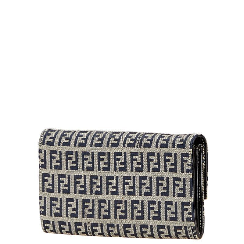 フェンディ ズッカ 長財布 グレー ネイビー キャンバス レザー レディース FENDI 【中古】
