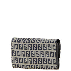 フェンディ ズッカ 長財布 グレー ネイビー キャンバス レザー レディース FENDI 【中古】