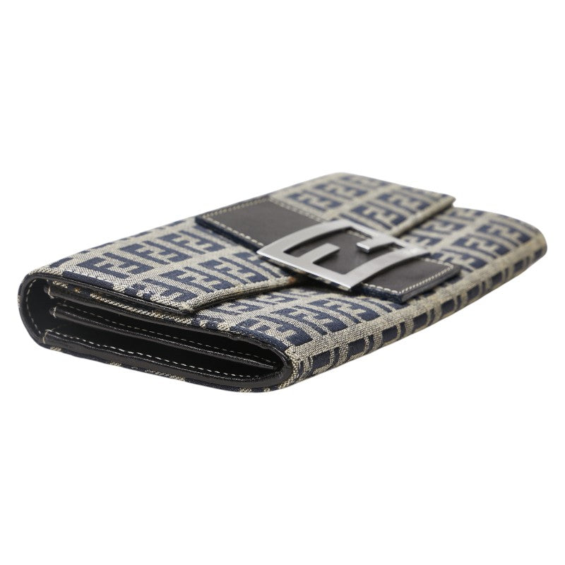 フェンディ ズッカ 長財布 グレー ネイビー キャンバス レザー レディース FENDI 【中古】
