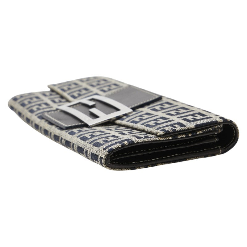 フェンディ ズッカ 長財布 グレー ネイビー キャンバス レザー レディース FENDI 【中古】
