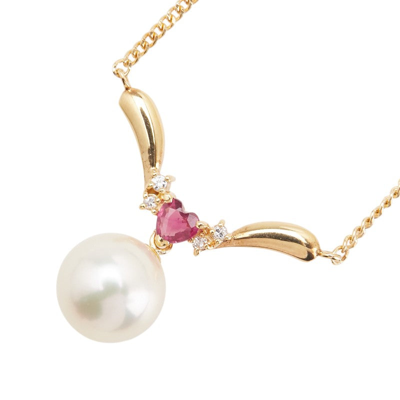 K18YG イエローゴールド ダイヤ0.03ct アコヤパール8.6mm ルビー ネックレス レディース 【中古】