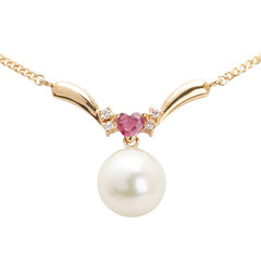 K18YG イエローゴールド ダイヤ0.03ct アコヤパール8.6mm ルビー ネックレス レディース 【中古】