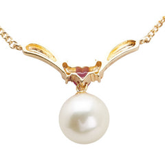 K18YG イエローゴールド ダイヤ0.03ct アコヤパール8.6mm ルビー ネックレス レディース 【中古】
