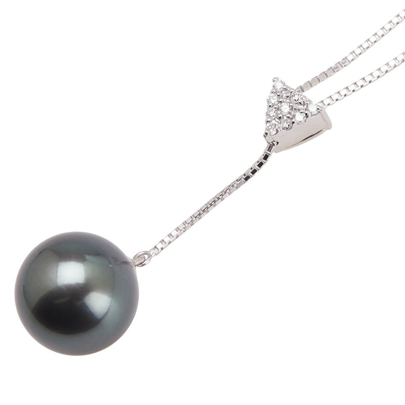 K18WG ホワイトゴールド 黒蝶真珠11.4mm ダイヤ0.09ct ベネチアンチェーン ネックレス レディース 【中古】