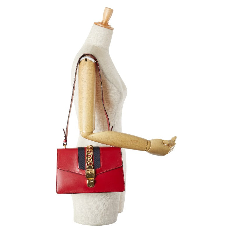 グッチ シルヴィ ショルダーバッグ 421882 レッド ネイビー レザー レディース GUCCI 【中古】