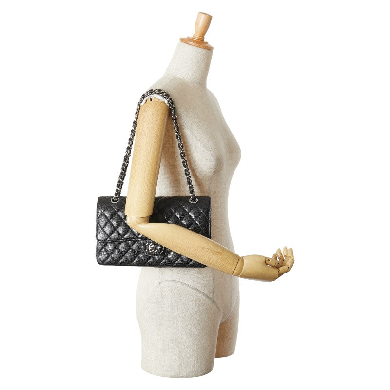 シャネル ココマーク マトラッセ25 ダブルフラップ チェーン ショルダーバッグ ブラック キャビアスキン レディース CHANEL 【中古】