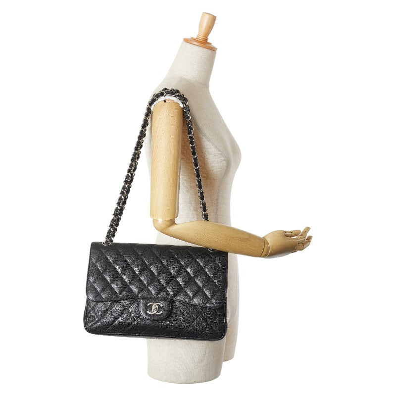 シャネル ココマーク マトラッセ30 ダブルフラップ チェーン ショルダーバッグ ブラック キャビアスキン レディース CHANEL 【中古】