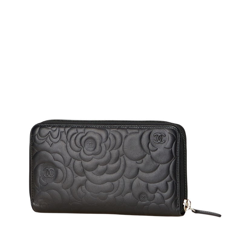 シャネル カメリア ココマーク 長財布 ラウンドファスナー ブラック ラムスキン レディース CHANEL 【中古】