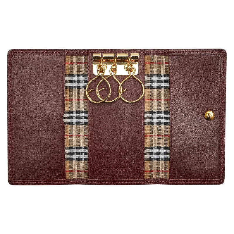 バーバリー ノバチェック キーケース 3連 ワインレッド ボルドー レザー レディース BURBERRY 【中古】