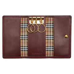 バーバリー ノバチェック キーケース 3連 ワインレッド ボルドー レザー レディース BURBERRY 【中古】