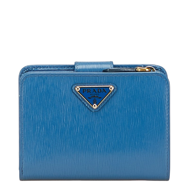 プラダ 三角ロゴプレート L字 二つ折り財布 ブルー サフィアーノレザー レディース PRADA 【中古】