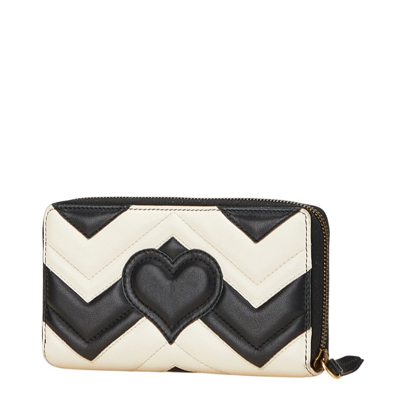 グッチ GGマーモント ハート キルティング ラウンドファスナー 長財布 443123 ホワイト ブラック レザー レディース GUCCI 【中古】