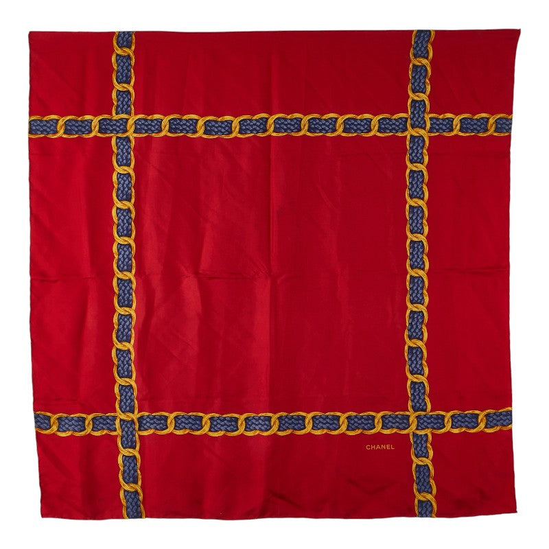 シャネル チェーン モチーフ スカーフ レッド ネイビー ゴールド シルク レディース CHANEL 【中古】