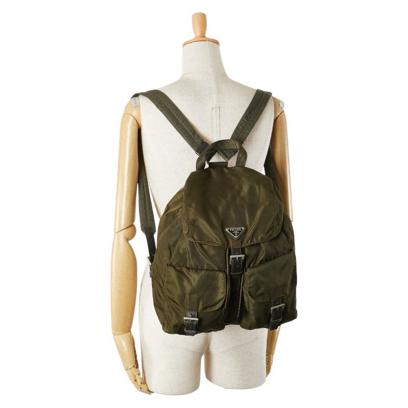 プラダ 三角ロゴプレート リュック バックパック カーキ ブラック ナイロン レザー レディース PRADA 【中古】