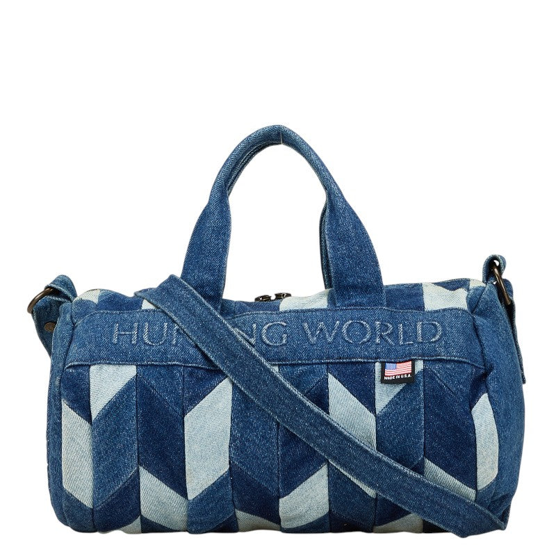 ハンティングワールド ロゴ ドラムバッグ ハンドバッグ ショルダーバッグ ブルー デニム レディース HUNTING WORLD 【中古】