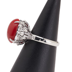 Pt900 プラチナ 赤サンゴ約13.6×11mm ダイヤ0.24ct リング 指輪 レディース 12号 【中古】