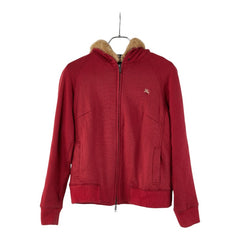 バーバリー ノバチェック ジップアップパーカー ダブルジップ サイズ：4 レッド コットン ラビットファー レディース BURBERRY 【中古】