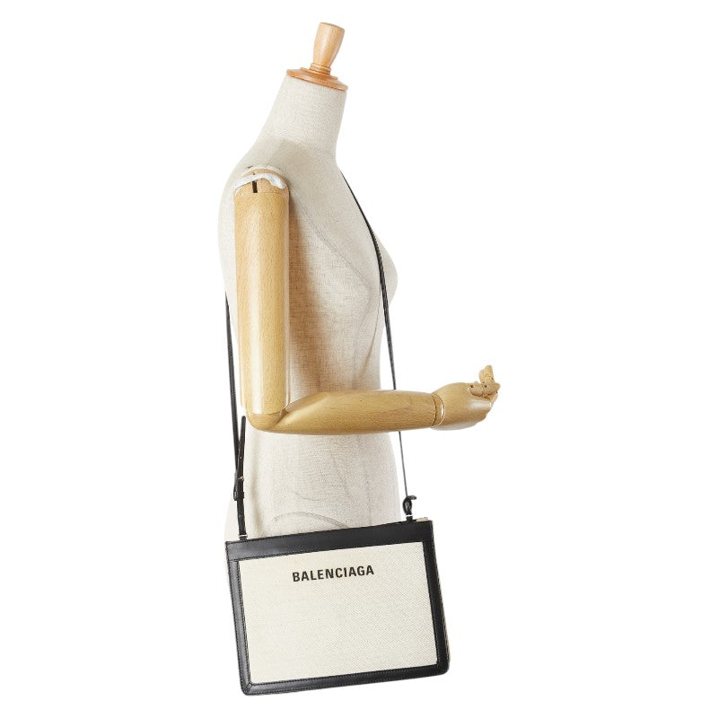 バレンシアガ ネイビー ポシェット ショルダーバッグ 339937 ベージュ ブラック キャンバス レザー レディース BALENCIAGA 【中古】