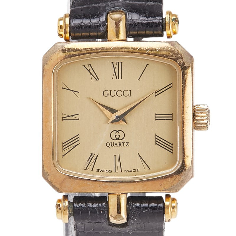 グッチ 腕時計 ベルト社外品 クオーツ ゴールド文字盤 ステンレススチール レザー レディース GUCCI 【中古】