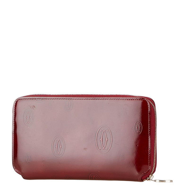 カルティエ ハッピーバースデー ラウンドファスナー 長財布 レッド エナメル レディース CARTIER 【中古】