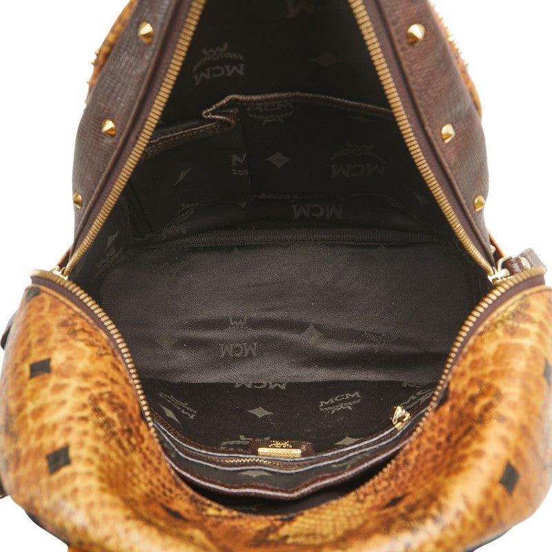 エム シー エム ヴィセトス ロゴグラム スタッズ パイソン リュック バックパック ブラウン PVC レザー レディース MCM 【中古】