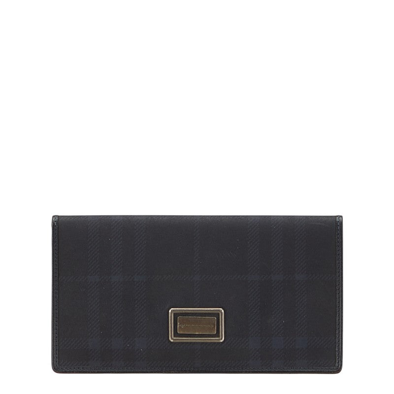 バーバリー チェック 長財布 ブラック ネイビー スウェット レザー レディース BURBERRY 【中古】