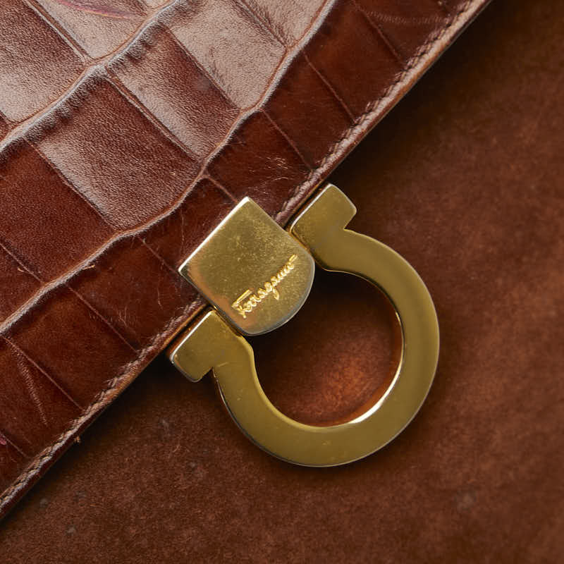 サルヴァトーレフェラガモ ガンチーニ クロコ型押し ショルダーバッグ ブラウン レザー スウェード レディース Salvatore Ferragamo 【中古】