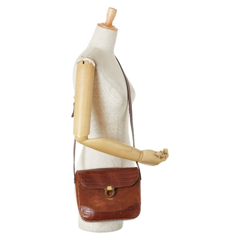 サルヴァトーレフェラガモ ガンチーニ クロコ型押し ショルダーバッグ ブラウン レザー スウェード レディース Salvatore Ferragamo 【中古】