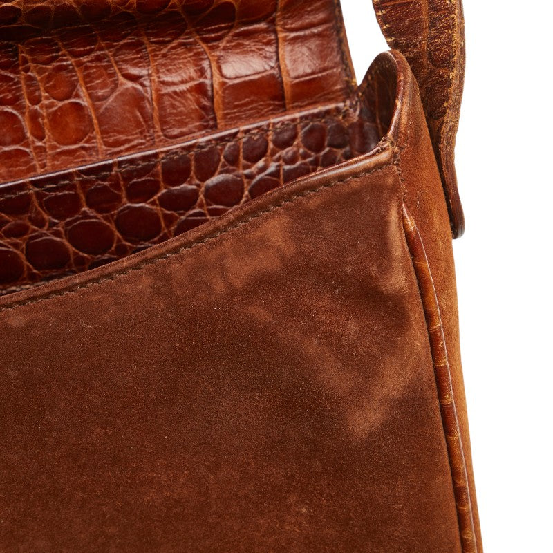 サルヴァトーレフェラガモ ガンチーニ クロコ型押し ショルダーバッグ ブラウン レザー スウェード レディース Salvatore Ferragamo 【中古】