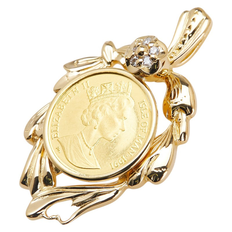 K24 ゴールド K18YG イエローゴールド ダイヤ0.05ct マン島キャット エリザベス 1/25oz 1991年 コイン ペンダントトップ レディース 【中古】