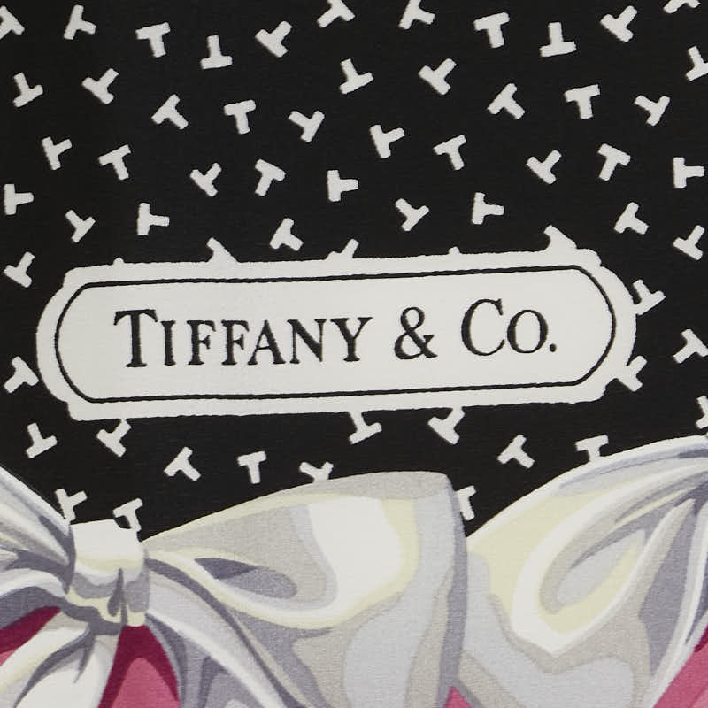ティファニー Tロゴ リボン モチーフ スカーフ ブラック ピンク シルク レディース TIFFANY&Co. 【中古】