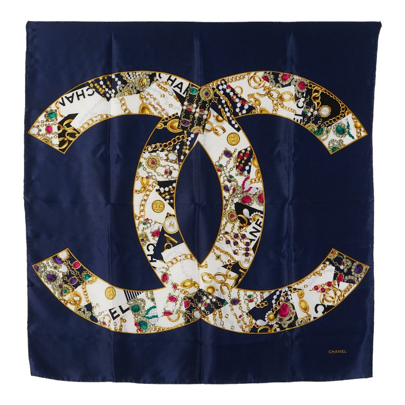 シャネル ココマーク 宝石 モチーフ スカーフ ネイビー ゴールド マルチカラー シルク レディース CHANEL 【中古】