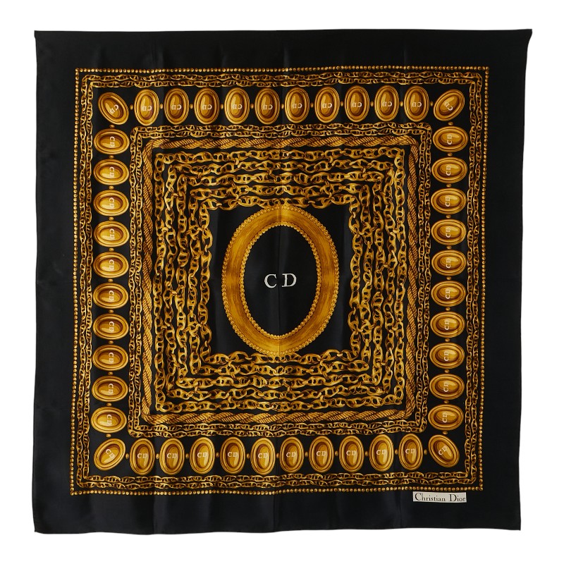 ディオール CDロゴ チェーン モチーフ スカーフ ブラック ゴールド シルク レディース Dior 【中古】