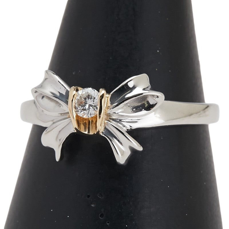 Pt900 プラチナ K18YG イエローゴールド コンビ ダイヤ0.08ct 1P リボン モチーフ リング 指輪 レディース 12号 【中古】