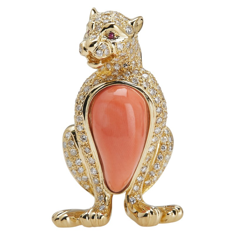K18YG イエローゴールド サンゴ7.36ct ダイヤ1.40ct ヒョウ ジャガー 豹 ペンダントトップ レディース 【中古】