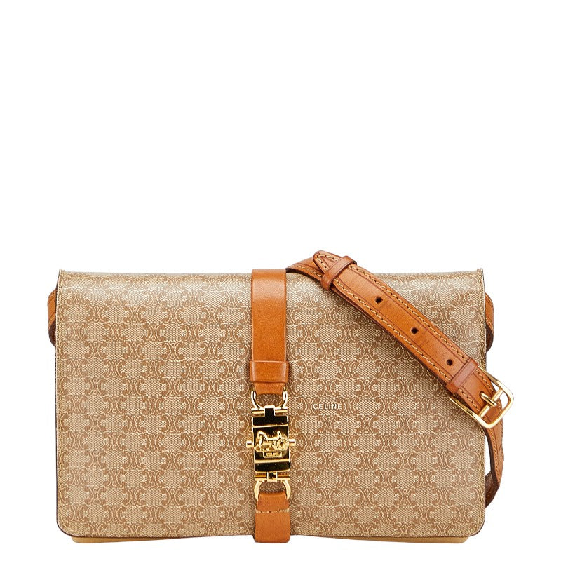 セリーヌ マカダム ショルダーバッグ ベージュ ブラウン PVC レザー レディース CELINE 【中古】