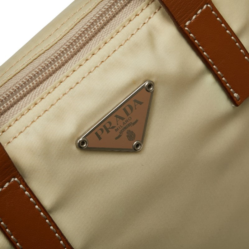 プラダ 三角ロゴプレート トートバッグ ベージュ ブラウン ナイロン レザー レディース PRADA 【中古】
