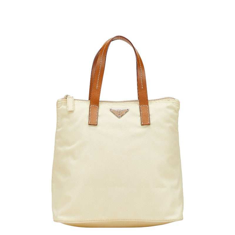 プラダ 三角ロゴプレート トートバッグ ベージュ ブラウン ナイロン レザー レディース PRADA 【中古】