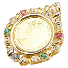 K24 ゴールド K18YG イエローゴールド ダイヤ エメラルド ルビー サファイア 1/25OZ マン島キャット エリザベス コイン ペンダントトップ レディース 【中古】