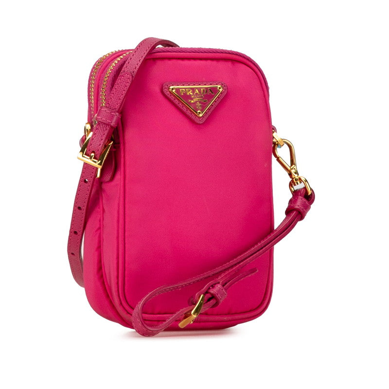 プラダ 三角ロゴプレート ミニ 斜め掛け ショルダーバッグ 1N1860 ピンク ナイロン レザー レディース PRADA 【中古】