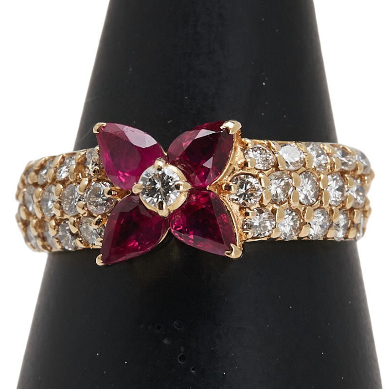 K18YG イエローゴールド ルビー0.85ct ダイヤ0.70ct 花 フラワー パヴェ リング 指輪 レディース 13号 【中古】